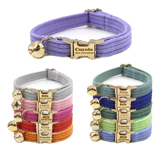 Personalized Cat Collar with Pet Name Phone Number Engraved Metal Buckle, Customized Adjustable Velvet Collars with Bell for Kittens