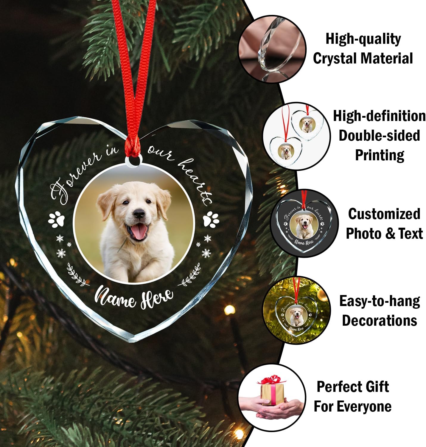 Personalized Pet Photo Ornaments, Custom Heart Glass Ornaments, Personalized Circle Glass Ornament, Custom Crystal Ornament Gifts for Dog Lovers, Cat Gifts for Cat Lover, Pet Love