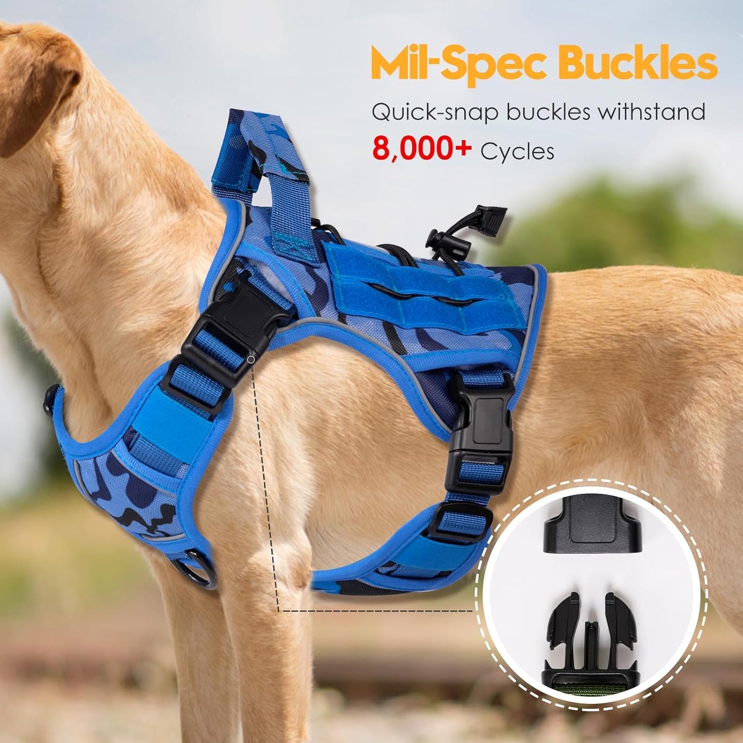 Heavy-Duty Tactical Dog Harness for Large Dogs, No Pull Adjustable Reflective Pet Vest with Molle System, K9 Military-Grade Control for Service Training, Outdoor & 10+ Breeds, Blue Camo, Medium
