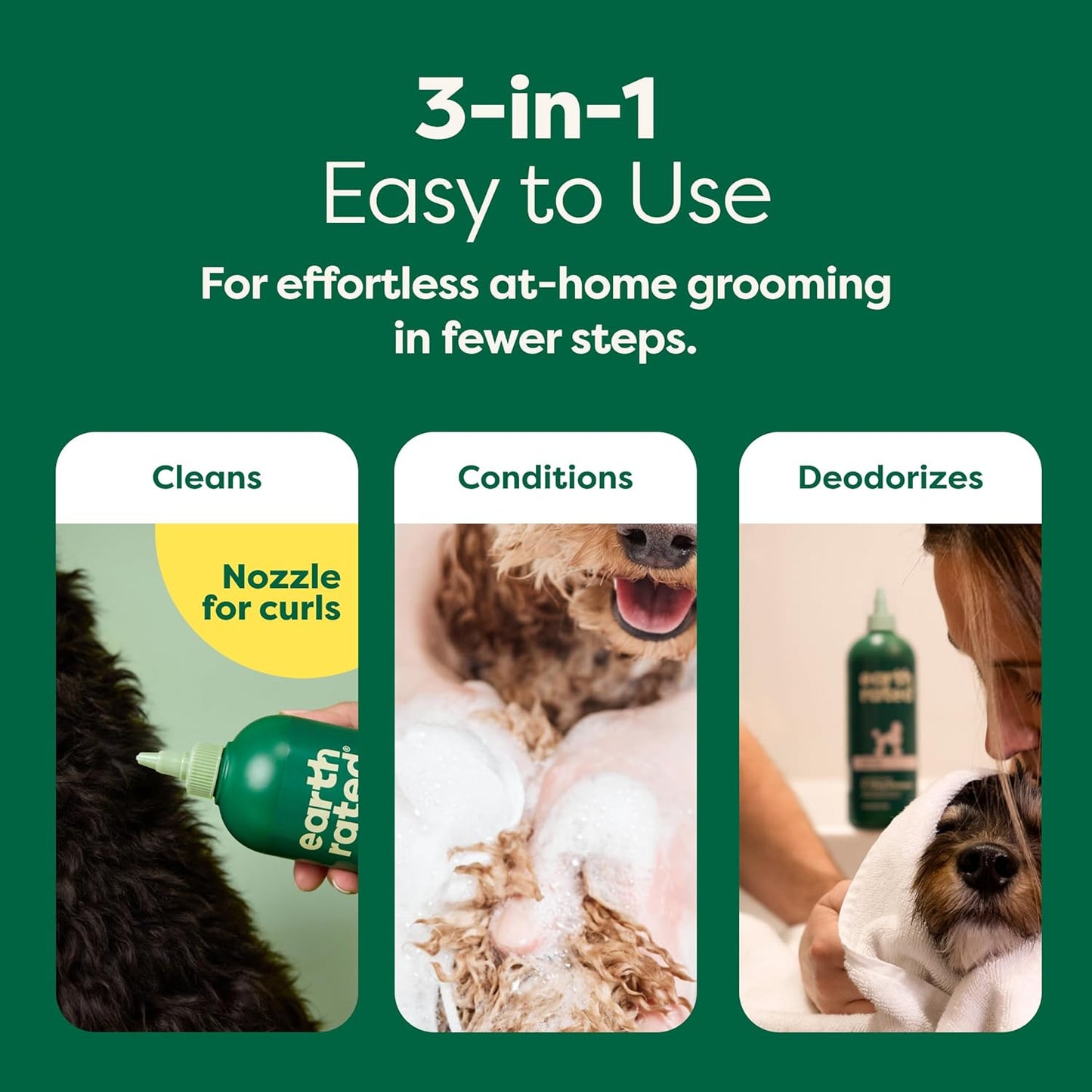 Earth Rated 3-in-1 Detangling Dog Shampoo and Conditioner, Deodorizing Oatmeal Shampoos for Dogs and Puppies, Great for Smelly Pets, White Tea and Basil Scent, 16 oz