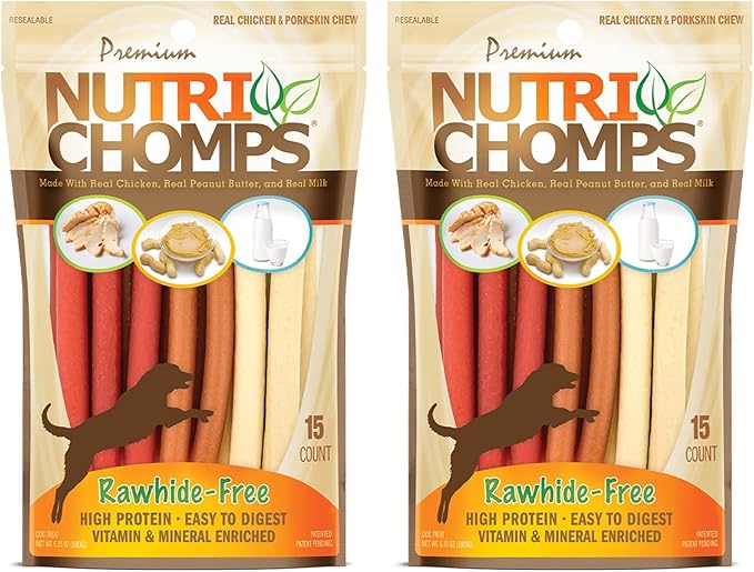 NutriChomps Dog Chews, 5 inch Twists, Real Chicken, Peanut Butter and Milk Flavors, 15 Count, Easy to Digest, Rawhide Free Dog Treats, Long Lasting, Vitamin and Mineral Enriched
