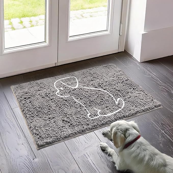 Muddy Mat® Dog Sit Door Embroidery Mat Super Absorbent Microfiber Indoor Outdoor mat for Muddy Paws, Non-Slip Washable Pet Rug, Quick Dry Chenille Entryway Carpet, Machine Washable – Grey 19”x30”