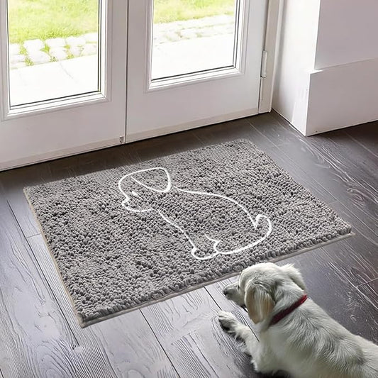 Muddy Mat® Dog Sit Door Embroidery Mat Super Absorbent Microfiber Indoor Outdoor mat for Muddy Paws, Non-Slip Washable Pet Rug, Quick Dry Chenille Entryway Carpet, Machine Washable – Grey 19”x30”
