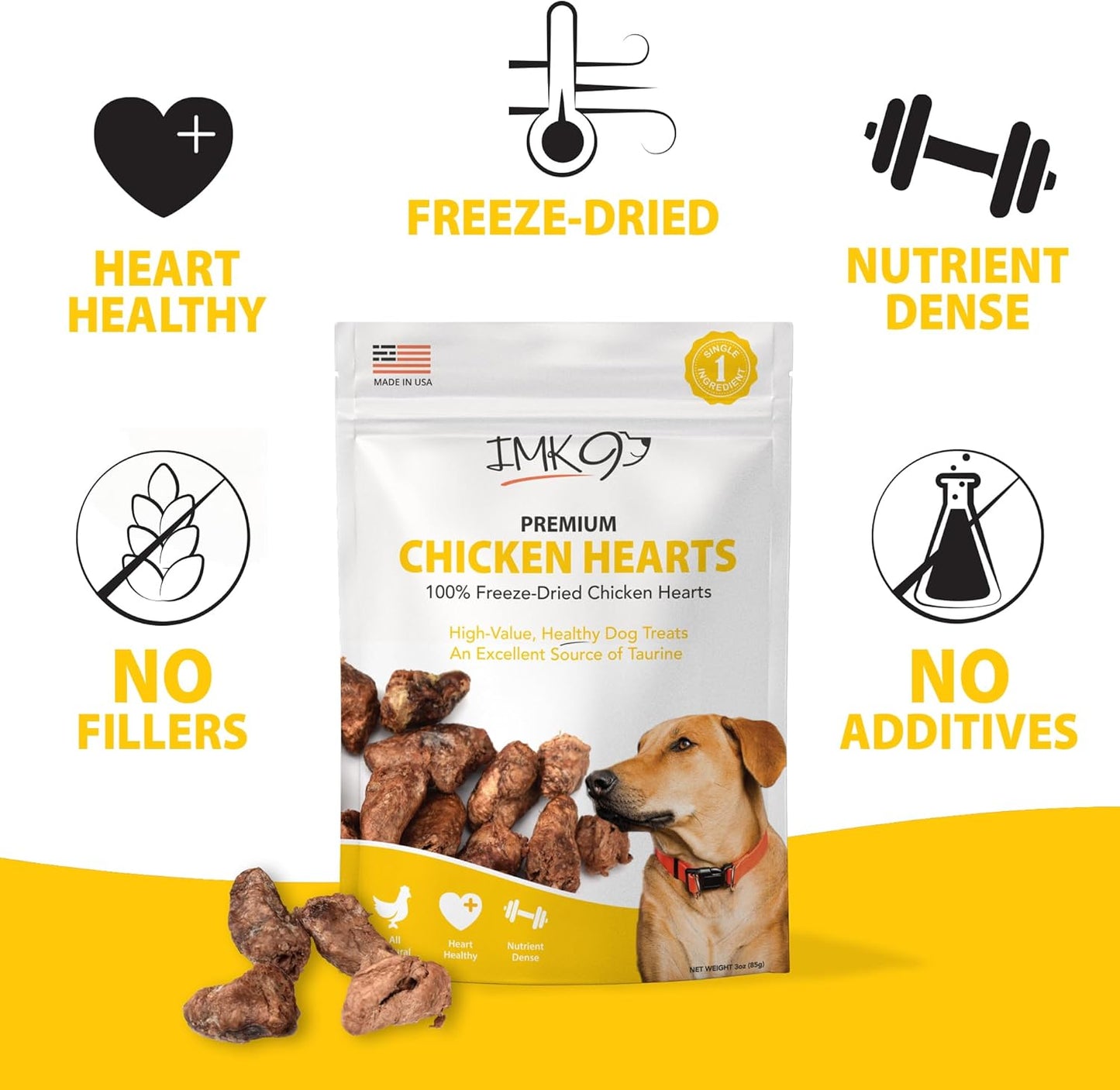 Chicken Hearts for Dogs - Freeze Dried Chicken Dog Treats - Natural Taurine, Better than Duck, Turkey - Single Ingredient, Dehydrated Chicken, Grain Free for Pets, Puppy, Cats Training - Made in USA