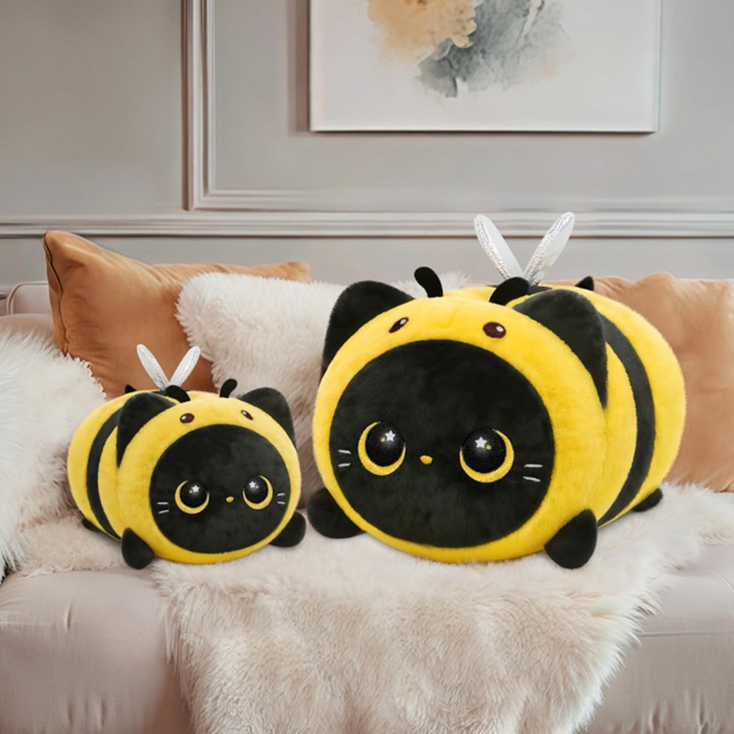 Cute Black Cat Bee Plush Pillow, Kawaii Plushies Bee Stuffed Toy, Kitten Plushies with Honeybee Outfit Costume, Soft Squishy Bee Gift for Girls & Kids (8 Inch)