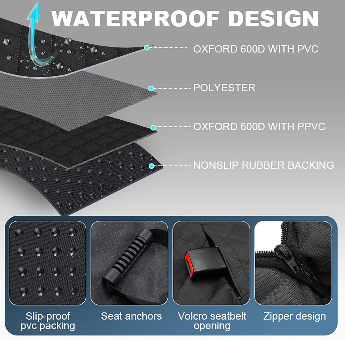 Dog Car Seat Cover, 4-Layer Waterproof Back Seat Protector with Mesh Windows,3 Accessories Pockets Nonslip Pet Hammock Style for Cars Trucks SUVs, Include 1 Dog Safety Belt (Black-Orange)