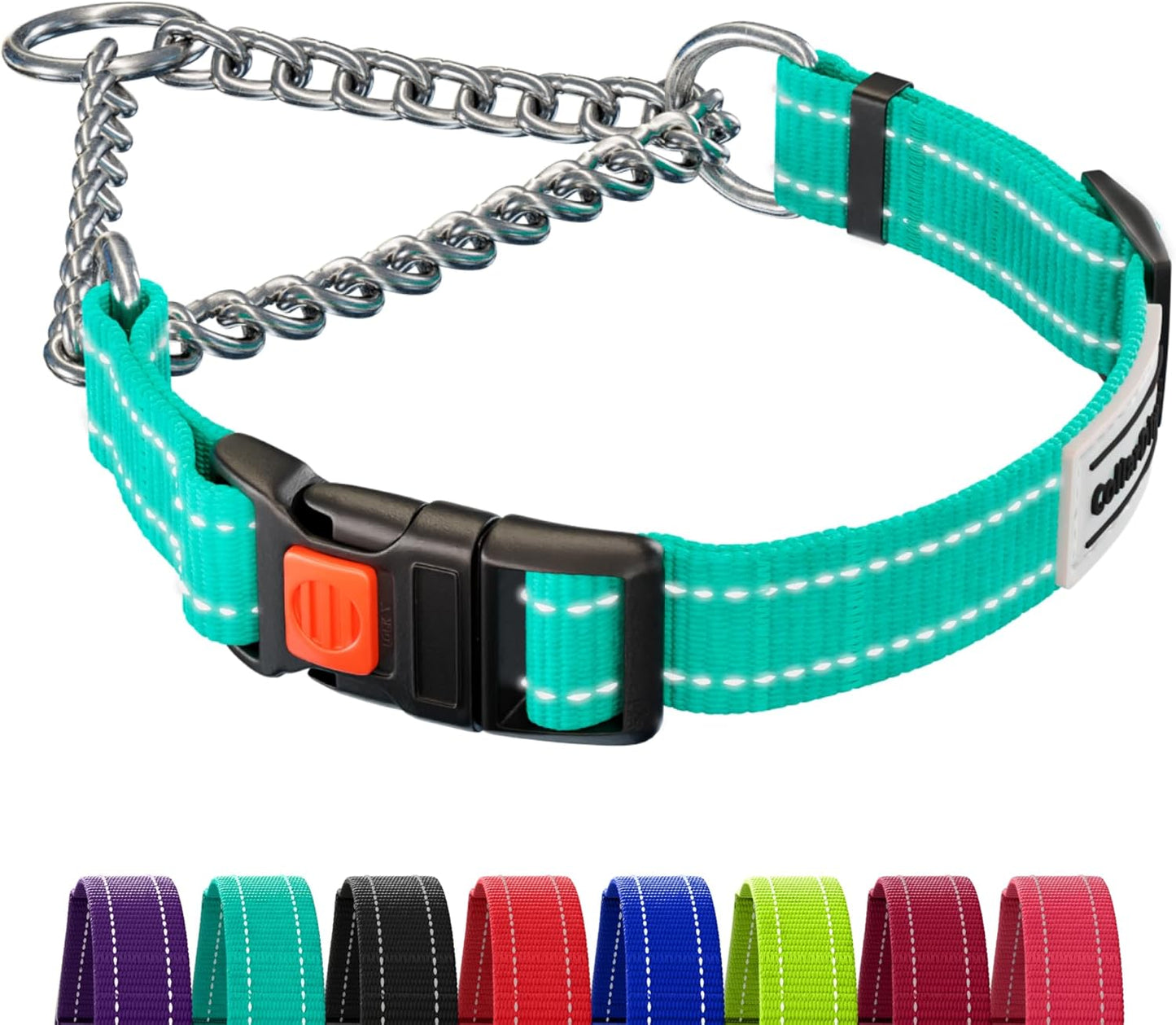 CollarDirect Martingale Dog Collar with Stainless Steel Chain and Quick Release Buckle - Reflective Collar for Large, Medium, Small Dogs - Mint Green, Medium (Neck Size 14"-17")