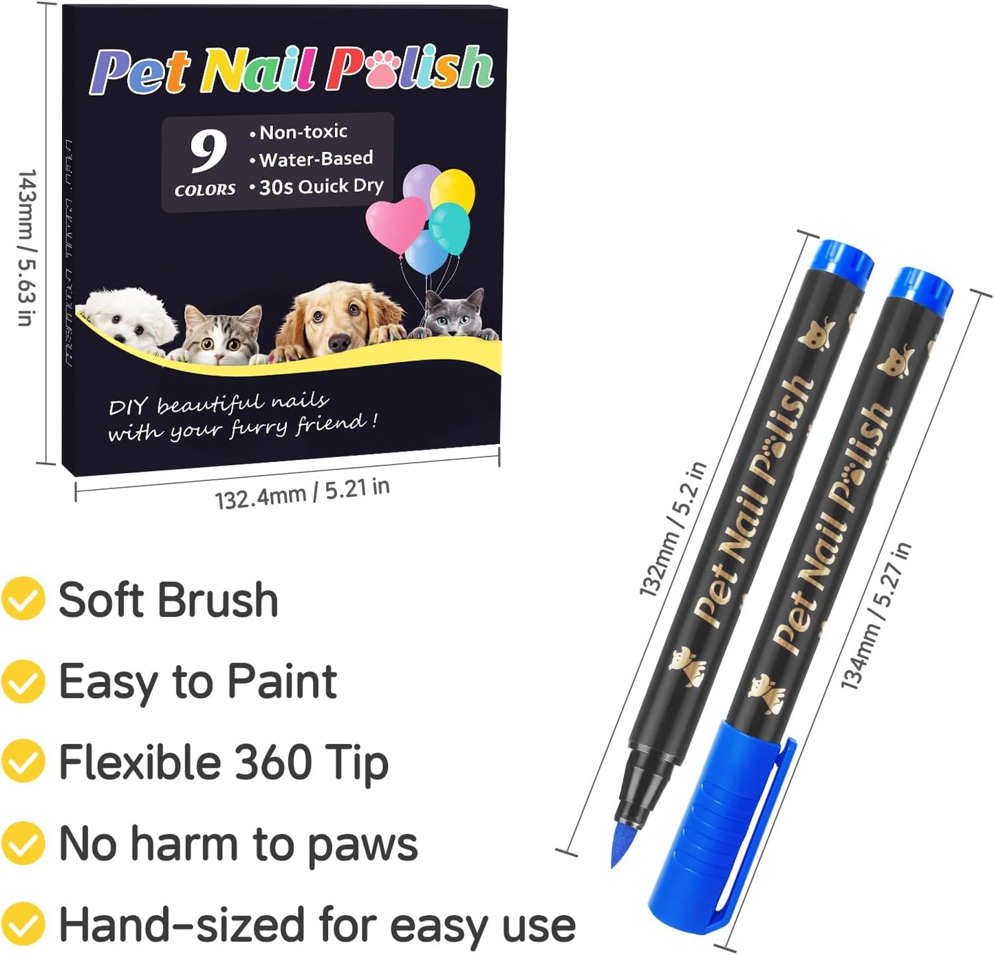Dog Nail Polish Pens Quick Dry,9 Colors Safe Dog Nail Polish Set to DIY Pretty Nails, Ideal Gifts for Dogs Cats Light Dark Nails, Odorless, Non-Toxic, Water-Based Pet Nail Accessories Set