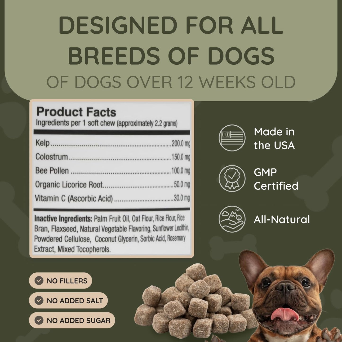 Asher House Wellness Dog Allergy Chews - All-Natural Itchy Skin Relief for Dogs with Bee Pollen, Colostrum - Licking Paw Treatment, Allergy Medicine for Dogs Over 12 Weeks, 120 Chews