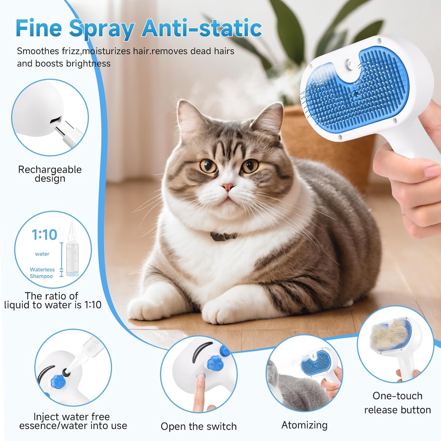 Pet Steam Brush for Dog & Cat - 3-in-1 Steam Grooming Brush for Shedding & Hair Removal - Self Cleaning Spray Comb with Mist for Long Haired Pets, Blue