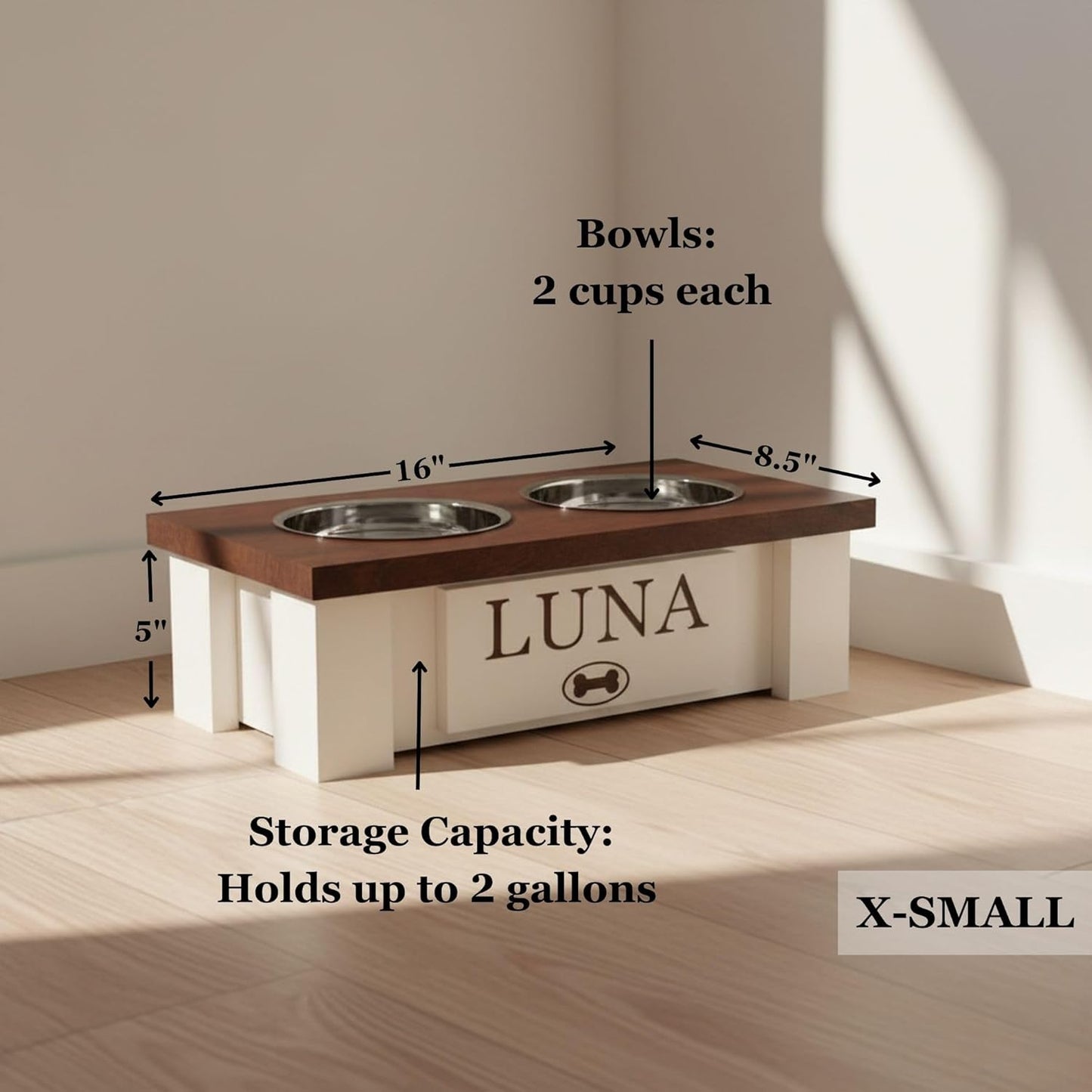 GrooveThis Woodshop - Personalized Elevated Dog Bowl Stand for Large, Medium, Small, X-Small Dogs - Stainless Steel Food and Water Bowls - Raised Dog Dish with Internal Storage (X-Small, Grey)