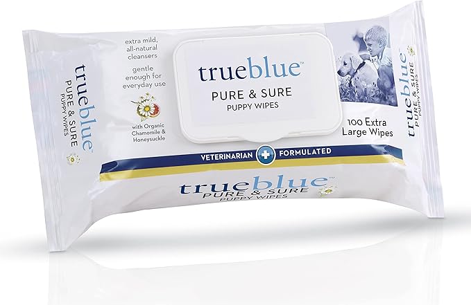 TrueBlue Chamomile & Honeysuckle Pure & Sure Puppy Wipes – Pre-Moistened Puppy Pads for Cleaning Dirty Paws, Coats, Dog Hair – Extra Large – 8”x7” – 100 Count
