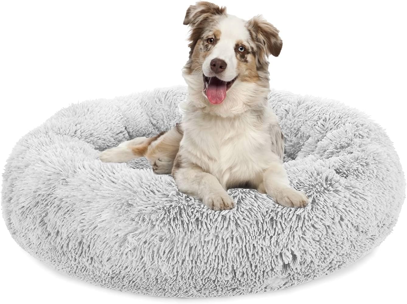 Original Calming Donut Dog and Cat Bed in Shag Fur, Dog Beds for Melium Dogs, Anti Anxiety Round Fluffy Plush Faux Fur Pet Bed, Light Grey, 27.6x27.6