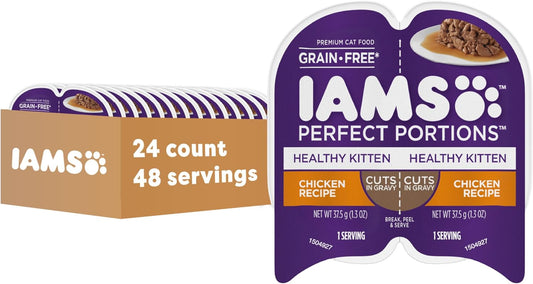 IAMS Perfect Portions Healthy Kitten Grain Free Wet Cat Food Cuts in Gravy, Chicken Recipe, 2.6 oz. Easy Peel Twin-Pack Trays (24 Count, 48 Servings)