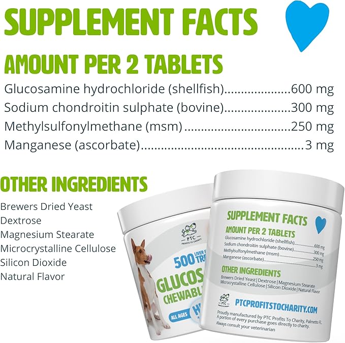 Glucosamine for Dogs with Chondroitin and MSM - Hip and Joint Supplement for Dog Mobility Support and Arthritis Pain Relief - 500 Chewable Tablet Treats by PTC - Profits to Charity