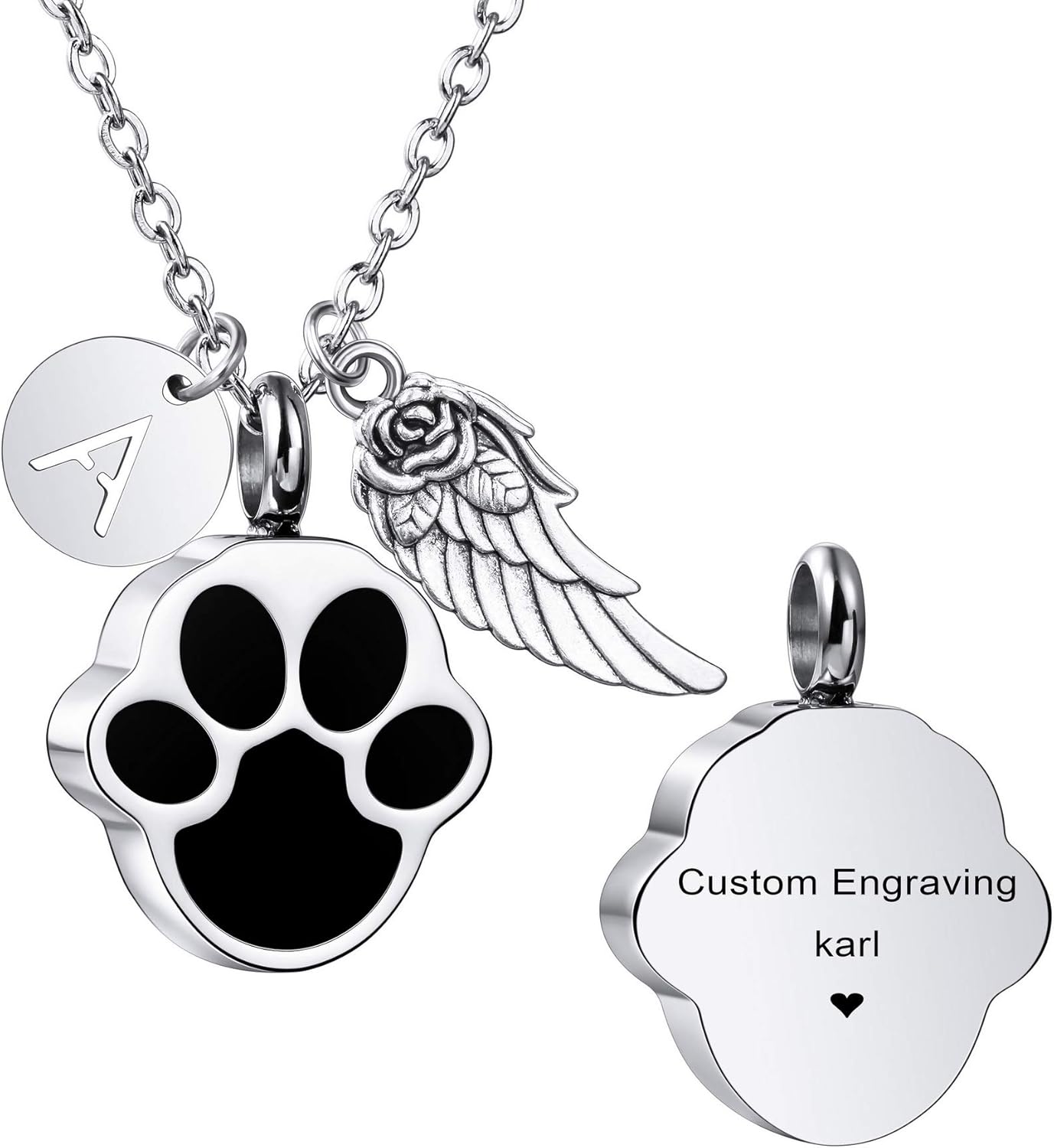 MeMeDIY Personalized Heart Paw Print Ashes Urn Pendant Necklace Custom Name/Photo/Date for Women Men Pet Lover Stainless Steel Memorial Dog Cat Pet Keepsake with Funnel Fill Kit Angel Wing