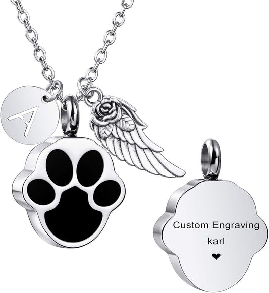 MeMeDIY Personalized Heart Paw Print Ashes Urn Pendant Necklace Custom Name/Photo/Date for Women Men Pet Lover Stainless Steel Memorial Dog Cat Pet Keepsake with Funnel Fill Kit Angel Wing