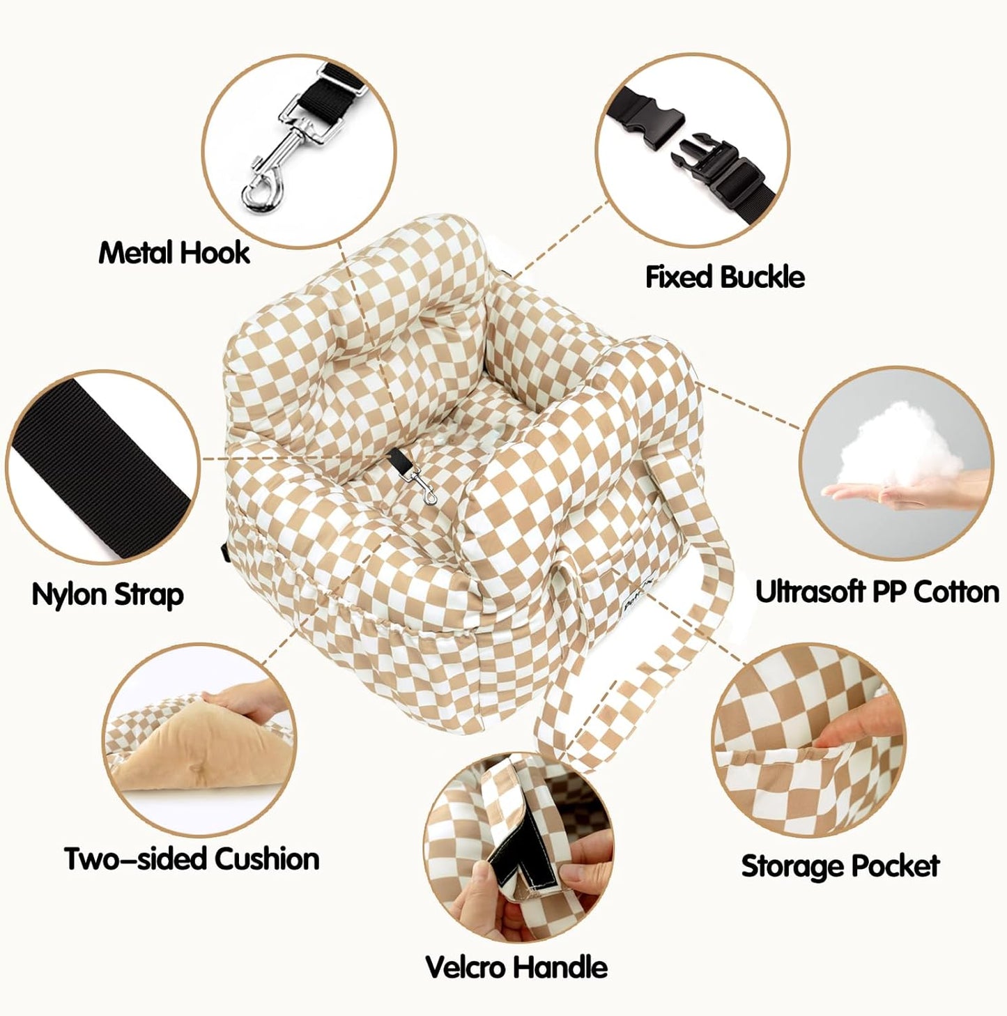 Dog Car Seat for Small Dogs, Portable Puppy Car Seat of Easy Installation, Fashionable Pet Carrier Bag with Large Pockets, Machine Washable Dog Booster Seat (Checkered Khaki)