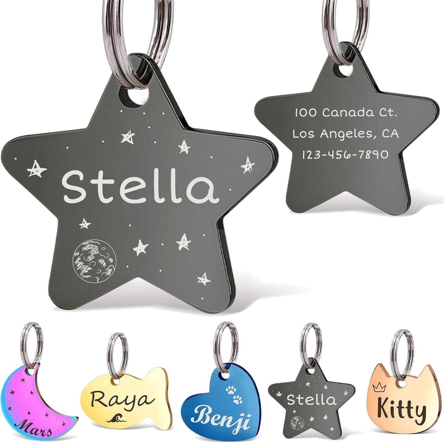 Anavia Small Size Dog Cat ID Tags, Small/XS Personalized Color Plated Stainless Steel Puppy Kitten Name Tags, Customized Engraved Nameplate Pet Collar Tag (Black, Star)
