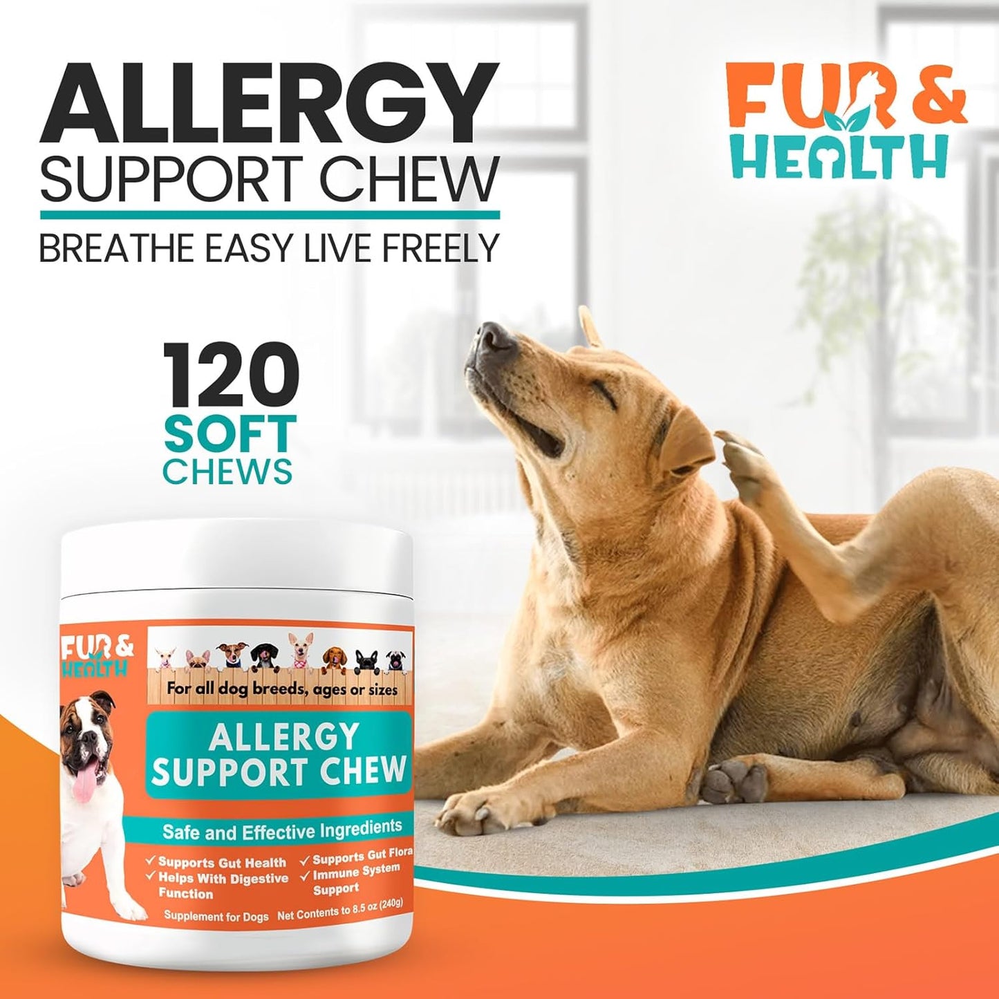 Dog Allergy Relief Chews with Probiotics, Colostrum & Omega-3 - Natural Anti-Itch Support for Seasonal & Food Allergies - Chicken Flavored Immune Supplement (120 Count)
