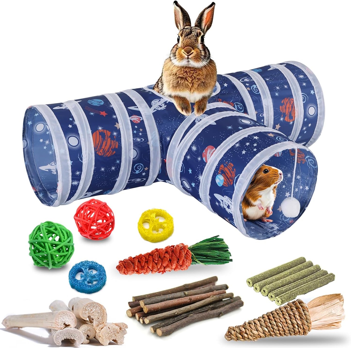 HERCOCCI Rabbit Toys, Collapsible Bunny Tunnels & Tubes 3 Way Rabbit Hideout Tunnel with Chew Toy for Bunny Guinea Pig Ferret Kitten