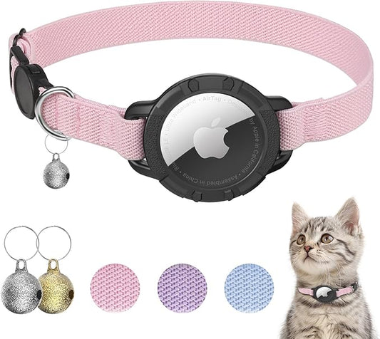 AirTag Cat Collars, Stretchy Collar with Apple AirTag Holder and Bell, Breakaway Ultra Design Elastic GPS Tracking Collars for Cats and Puppies, (7.5-12.5 Inch), Pink