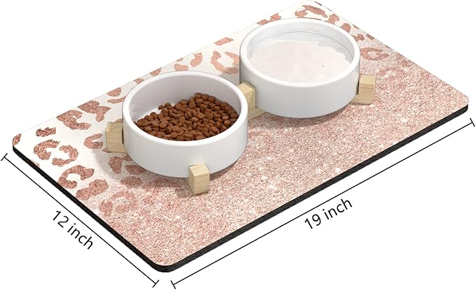 Rnivvi Dog Food Mat, 12" x 19" Leopard Absorbent Dog Cat Bowl Mat for Food and Water, Cute Anti-Slip Rubber Pet Feeding Rug Protect Floors, Puppy Placemat for Feeding & Watering Supplies, Rose