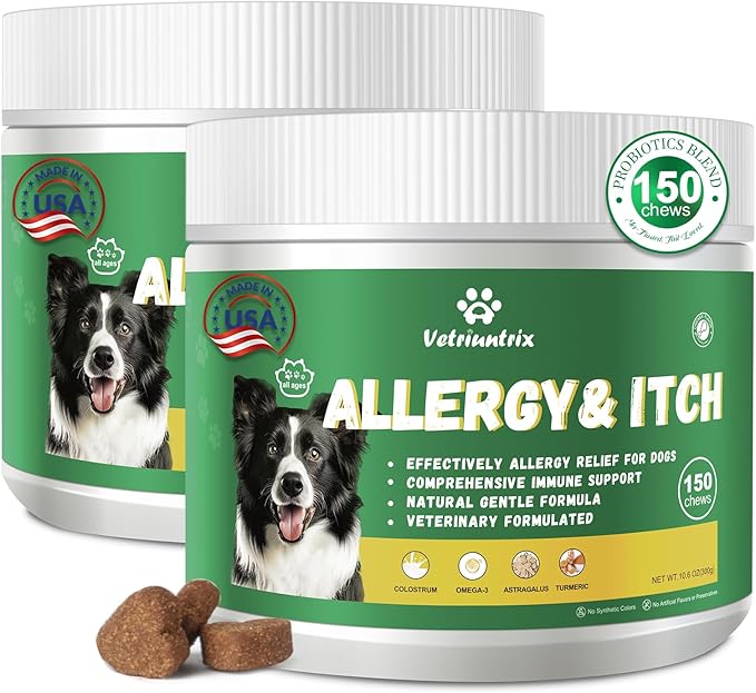 Dog Allergy Relief Chews, Dog Itch Relief Chews for Large Dogs Paw Licking Itchy Skin, Probiotics with Turmeric Astragalus Omega-3 for Seasonal Allergies Coat Immune Supplement-300ct