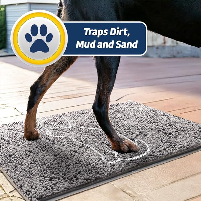 Muddy Mat® Dog Sit Door Embroidery Mat Super Absorbent Microfiber Indoor Outdoor mat for Muddy Paws, Non-Slip Washable Pet Rug, Quick Dry Chenille Entryway Carpet, Machine Washable – Grey 19”x30”