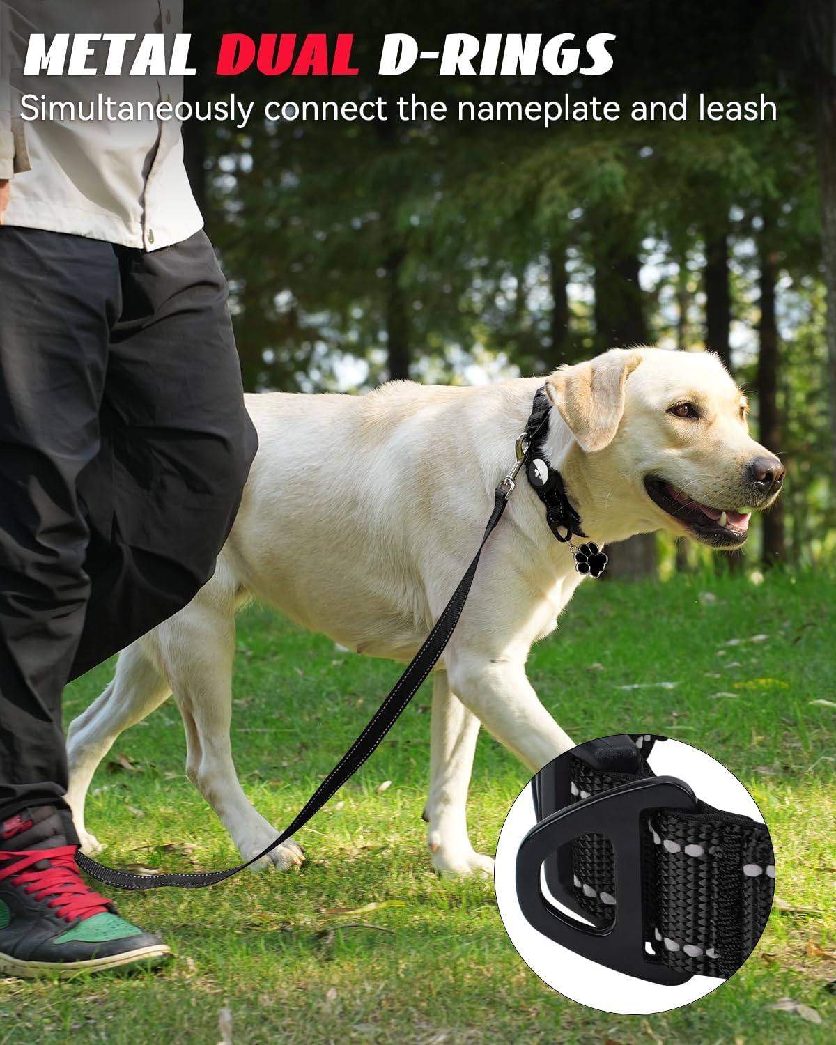 Joytale Airtag Dog Collar, Dual D-Rings, Waterproof Reflective Pet Collar with AirTag Holder, Soft Padded Adjustable for Large Dogs, Black, L