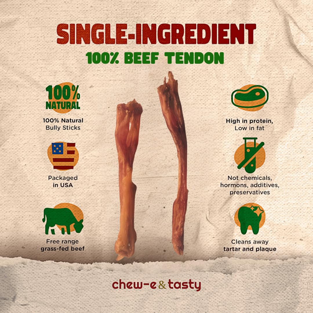 chew-e&tasty Beef Tendon Chews for Dogs (7-10 Inch, 6 Pack), All Natural Rawhide Free Dog Chews, Long Lasting w/Chondroitin & Glucosamine, Dental Health for Small, Medium, Large Dogs