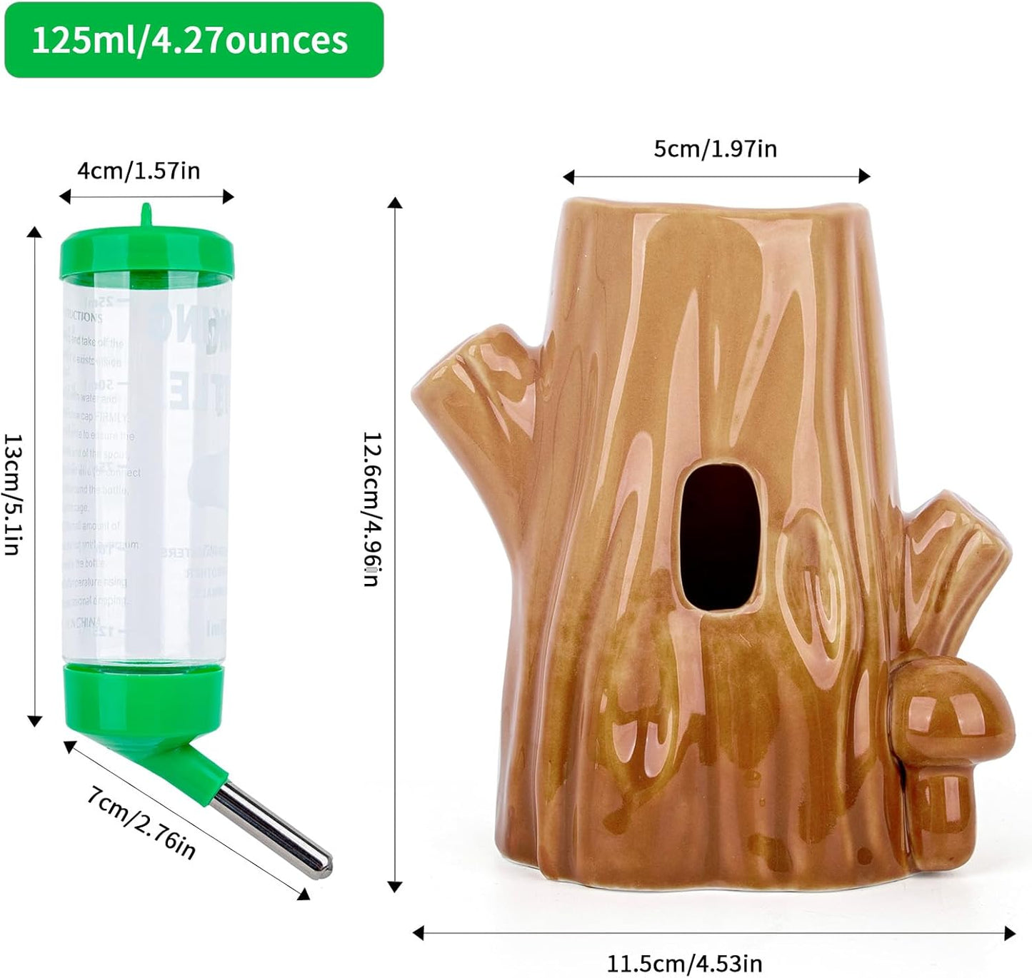 Coffee-Colored Stump-Shaped Ceramic Leak Proof Hamster Water Bottle Guinea Pig Drinker 4.27oz(125ML) with Bracket Suitable for Syrian Dwarf Hamster Mice Chinchillas Gerbils Other Small Animal