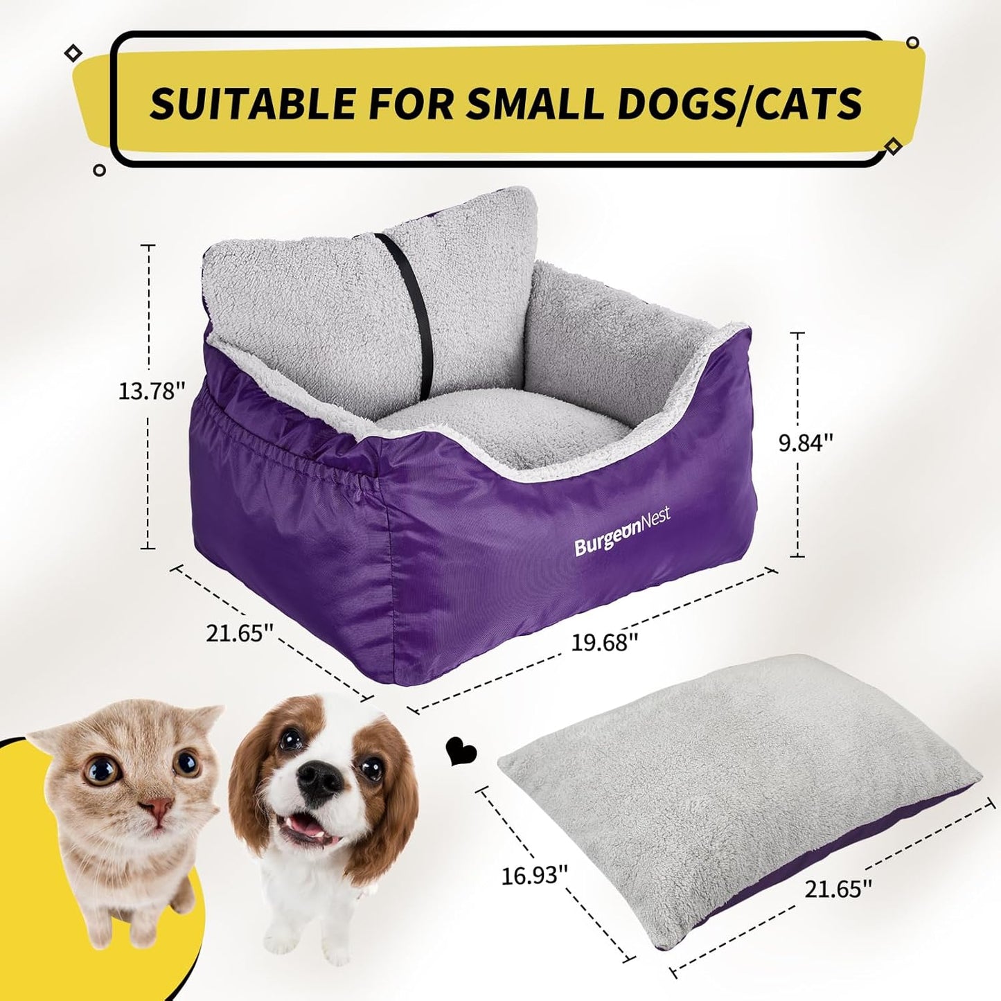 BurgeonNest Dog Car Seat for Small Dogs, Fully Detachable and Washable Cat Carseats Under 25 lbs, Soft Pet Booster Seats with Storage Pockets Clip-On Leash Portable Travel Carrier Bed, Purple