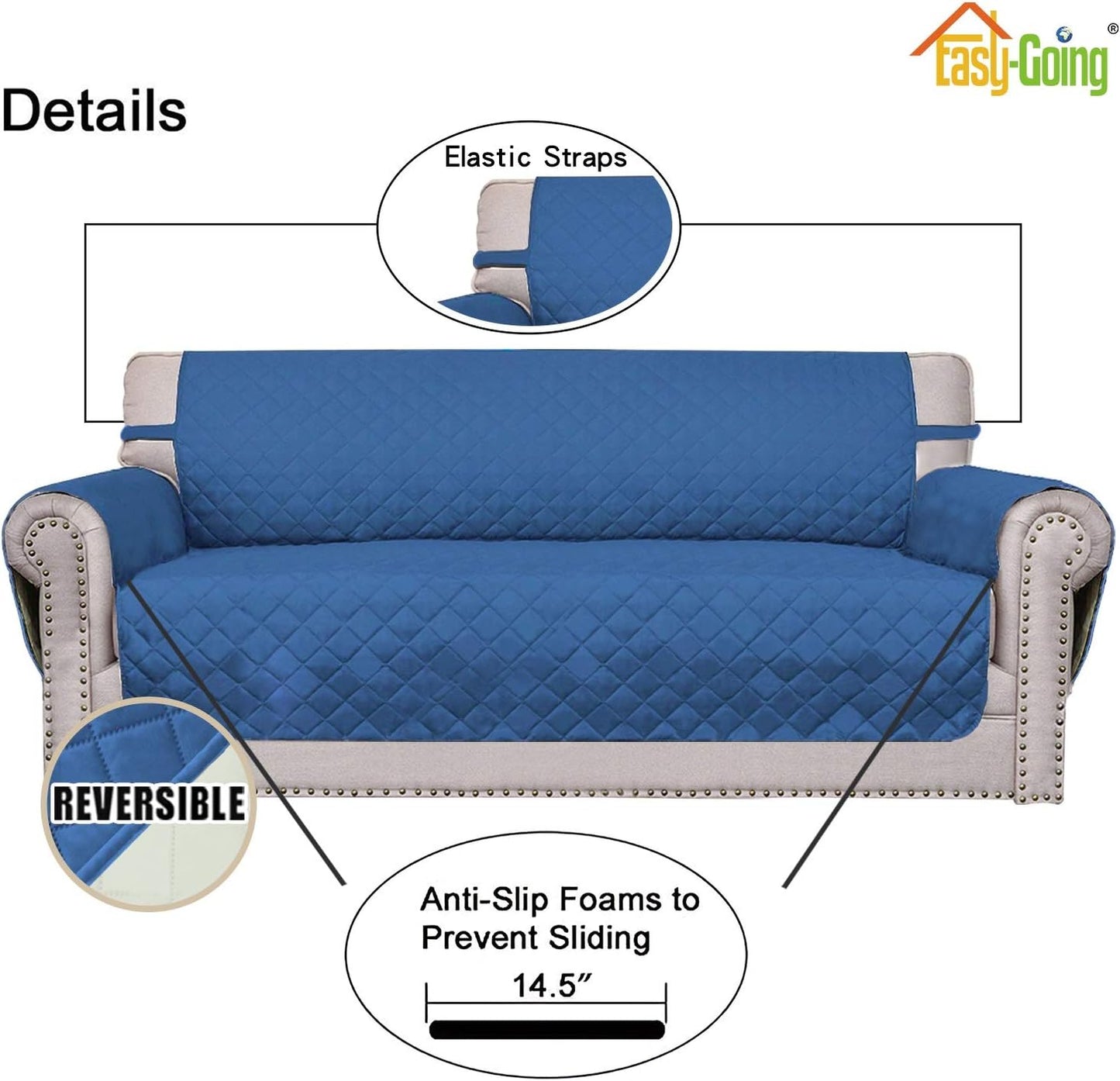 Easy-Going Reversible Oversized Couch Cover for 3 Cushion Couch Sofa Cover for Dogs Water Resistant Furniture Protector Cover with Foam Sticks for Pet Cat (Oversized Sofa, Blue/Ivory)