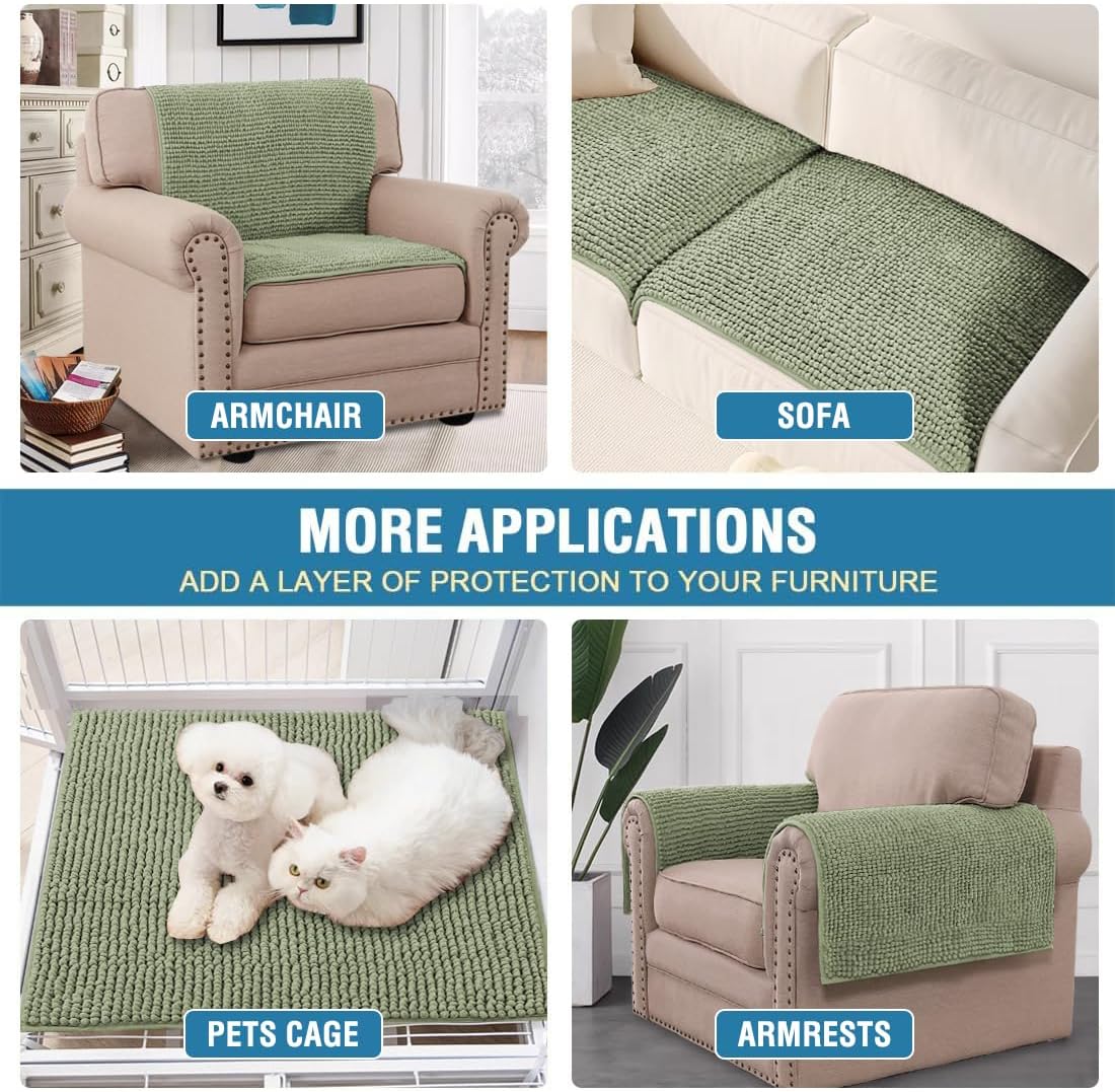 H.VERSAILTEX Plush Chenille Couch Armrest Cover 2 Packs Thick and Soft Sofa Covers Furniture Protector Cover for Pets (27.5" x 27.5", Sage)