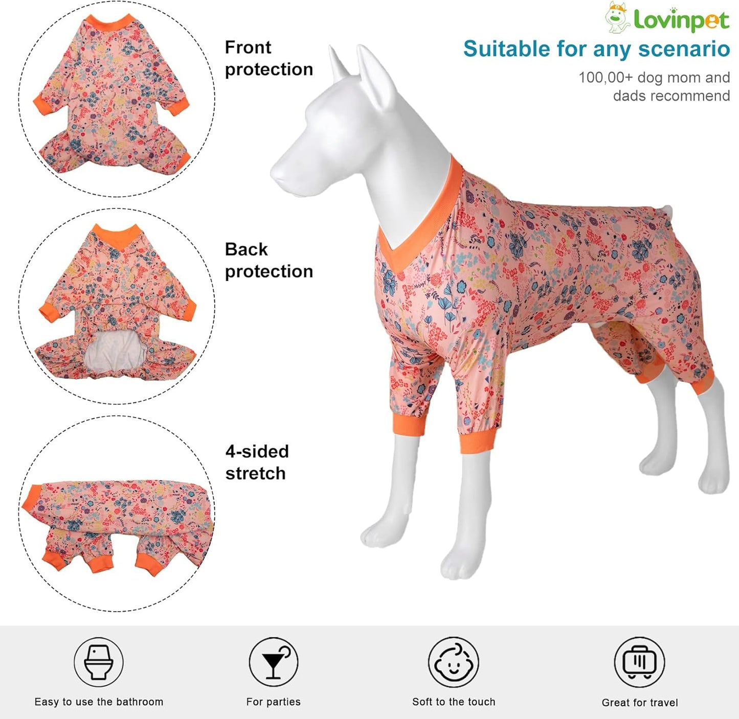 LovinPet Large Dog Pajamas, Pet Anxiety Relief Shirt, Pet Pajamas for Dogs, Anti Licking, Dog Surgery Recovery Clothes, Breathable Stretchy Fabric, Red, Shimmering Blooms Blush Print, Large