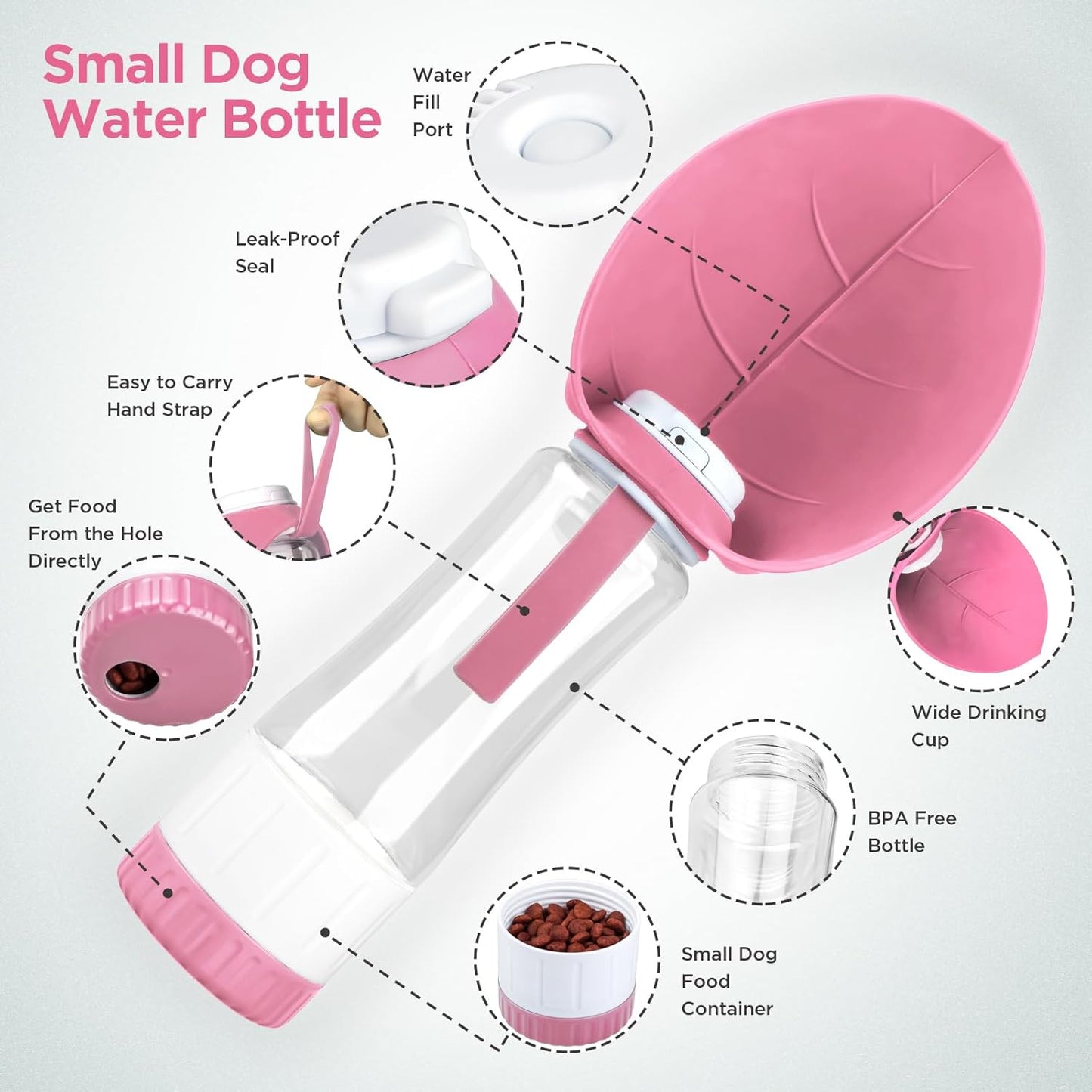 Dog Water Bottle, Pet Water Bottle with Food Container and Drinking Feeder, Leak Proof, BPA-Free, Portable Foldable Puppy Water Cup Dispenser for Outdoor Walking, Travel, Hiking Large Pink