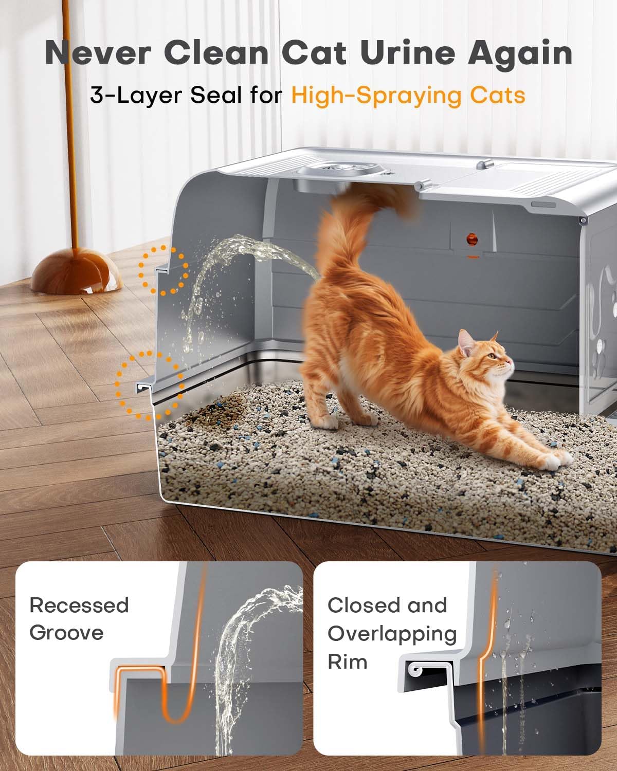 CATLIKE 2025 Upgrade 152L XXXL Stainless Steel Cat Litter Box - 3-Layer Urine Leak-Proof, Enclosed Design w/Charcoal Filter for Maine Coon & Multi-Cat Homes, Includes Metal Scoop & Mat