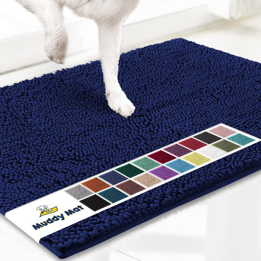 Muddy Mat® AS-SEEN-ON-TV Highly Absorbent Microfiber Dog Door Mat and Pet Rug, Non Slip Thick Washable Area and Bath Mat Soft Chenille for Kitchen Bathroom Bedroom and Indoor- Navy Blue Medium 30"X19"