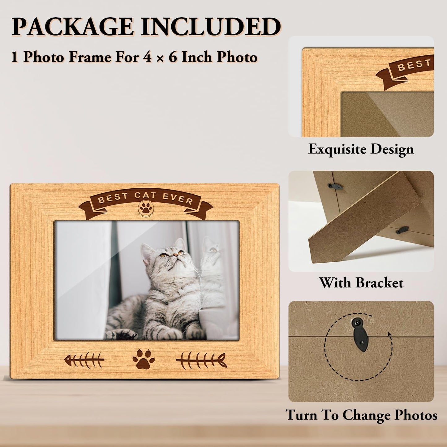 Best Cat Ever Picture Frame, 4x6 Wood Photo Frame, Gift for Pet Lover Owner, Picture Photo Frames for Desk Decor, Memorial Cat Keepsake -56