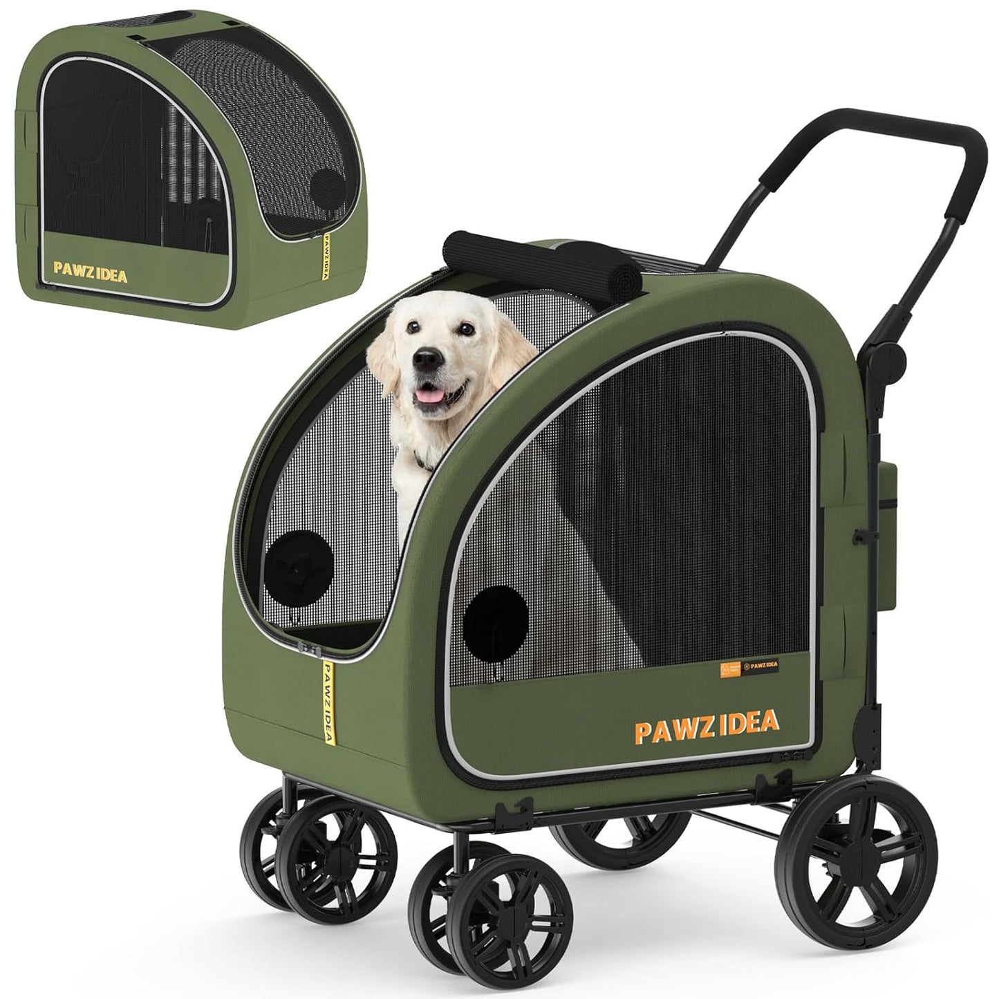 PAWZIDEA Large Dog Stroller with Detachable Carrier, Portable Dog Crate for Car Travel, Multiple Pet Strollers for Medium Dogs up to 80lbs, Adjustable Handle, All-Terrain 9” Wheels, Storage Organizer