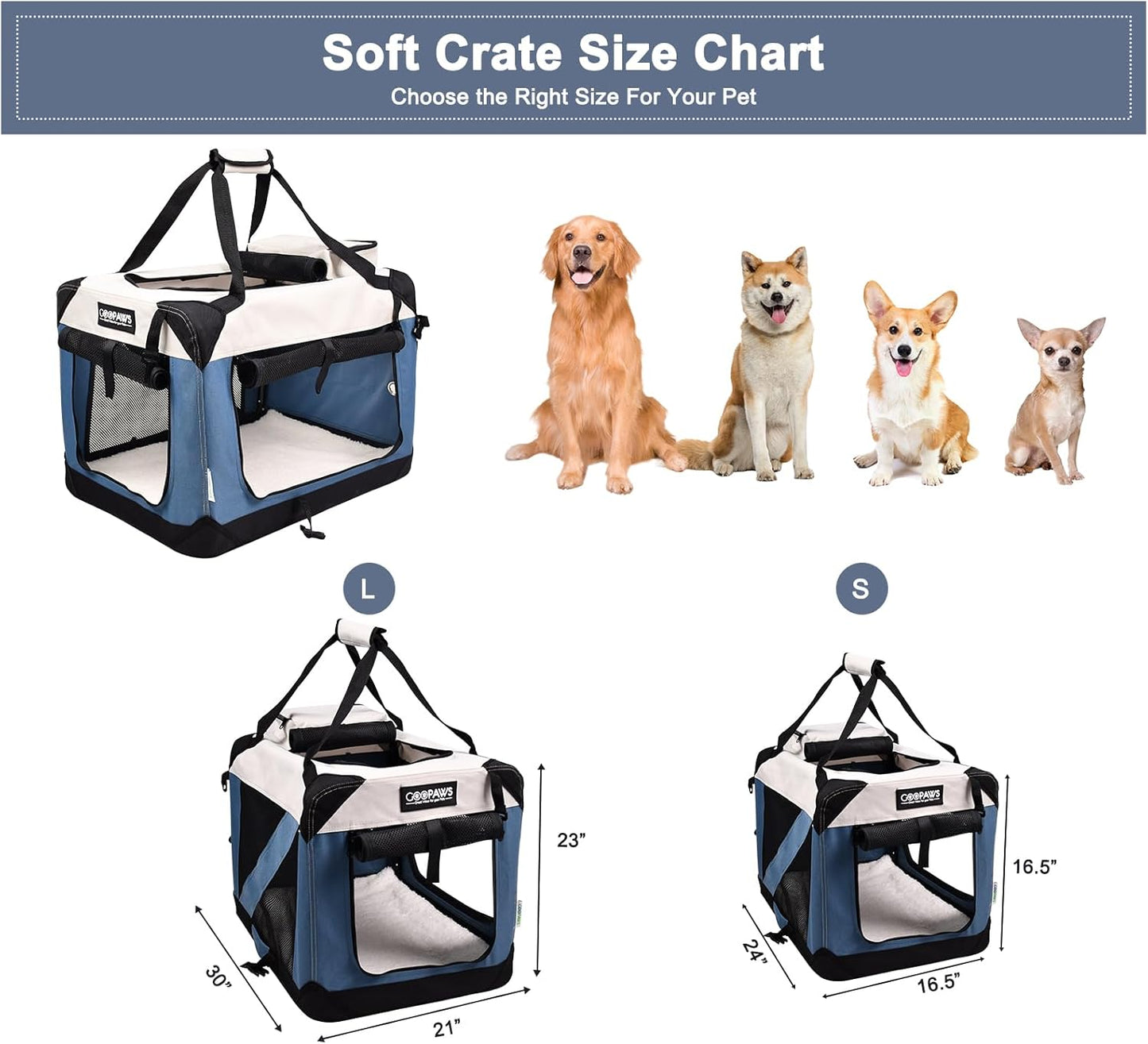 JESPET Soft Dog Crates Kennel for Pets, 3 Door Soft Sided Folding Travel Pet Carrier with Straps and Fleece Mat for Dogs, Cats(6-Lake Blue, Small(24" L x 16.5" W x 16.5" H))