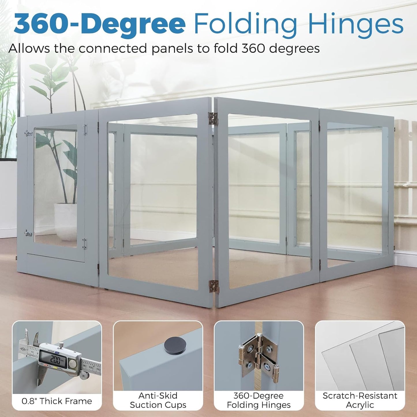 Heavy Duty Clear Acrylic Dog Playpen, Transparent Pet Pen, Metal Frame Easy Assemble Kennel Enclosure, Ideal for Small to Medium Dogs, Cats, and Other Small Pets (Grey, 8 Panels with Door)