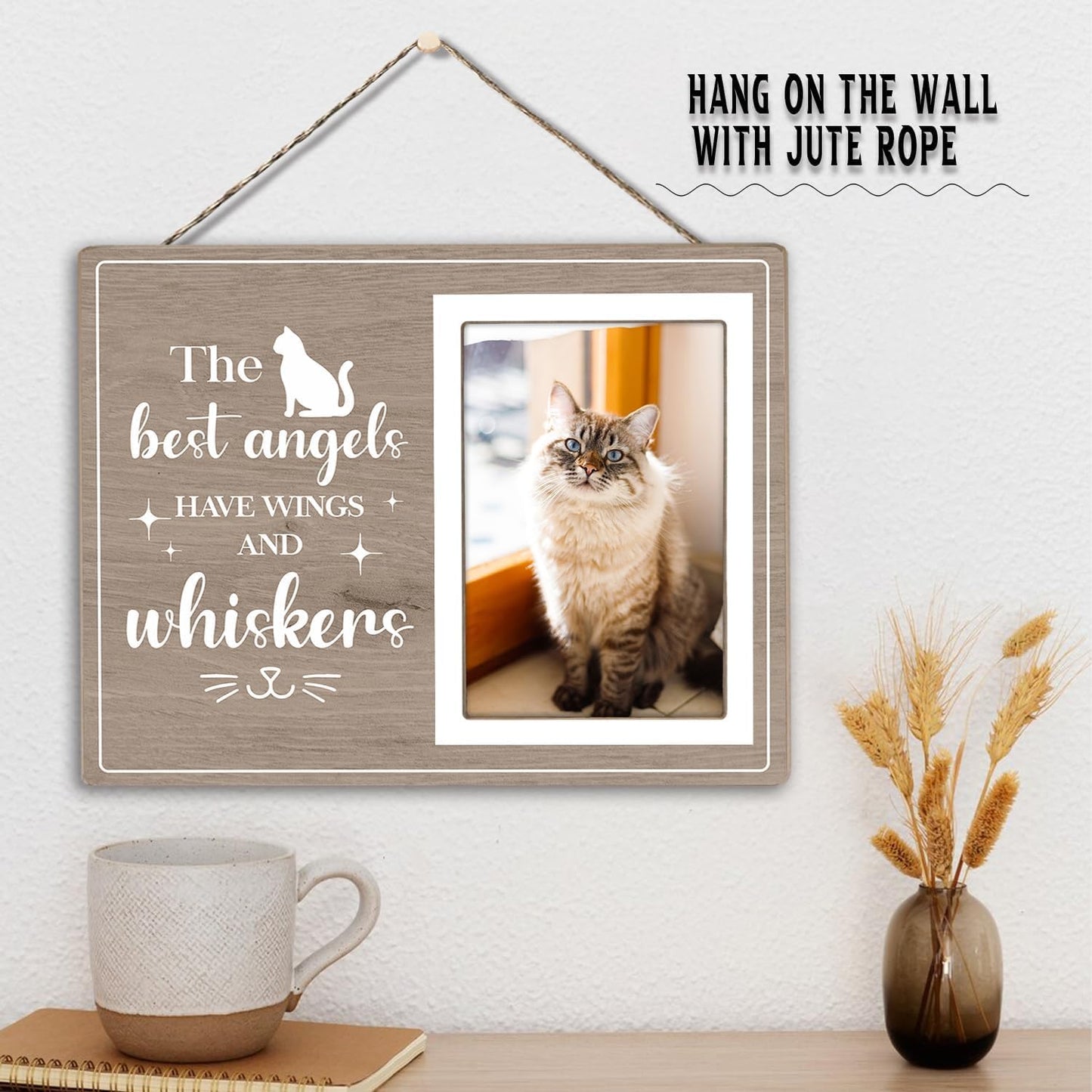 Cat Picture Frame, Cat Memorial Wooden Photo Frame, Pet Remembrance Gift, Sympathy Gift for Pet Owner, Cat Memorial Gifts for Loss of Cat, The Best Angels Have Wings and Whiskers (Gray, 4 x 6 Photo)