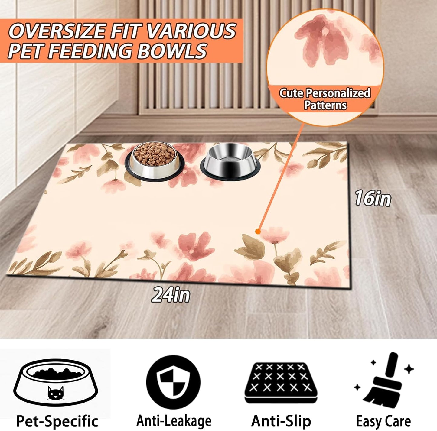 Pet Feeding Mat for Dogs and Cats - Super Absorbent Anti-Slip Bowl Pad, Eco-Friendly Washable Mat to Prevent Spills and Mess Flower Mat 12"x20"