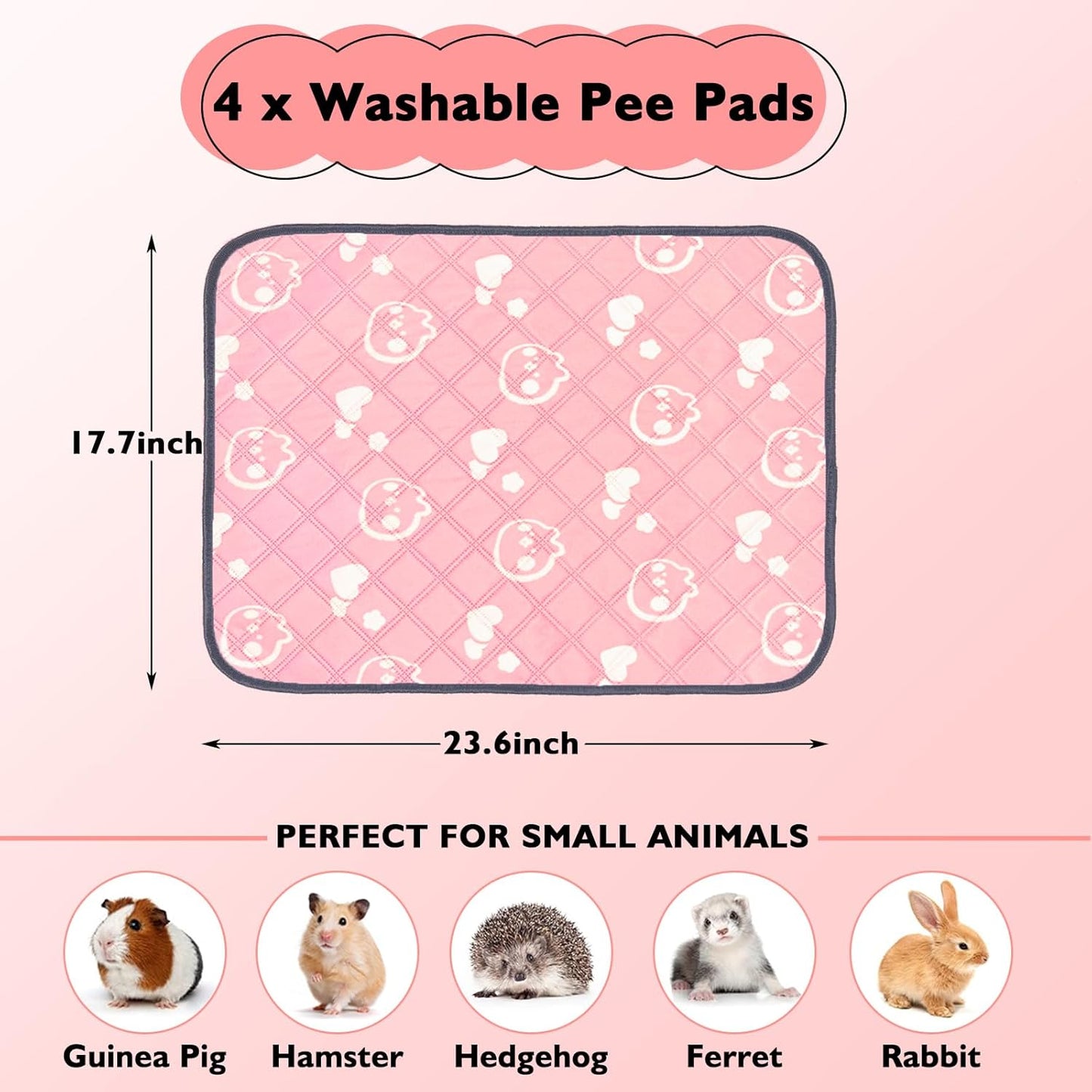 4 Pack Guinea Pig Bedding - Washable Guinea Pig Cage Liners, Waterproof Reusable & Anti Slip Pee Pads Super Absorbent Mats for Small Animals Pet Rabbit Bunny Hamster Rat (Pink, 24 x 18 Inch)