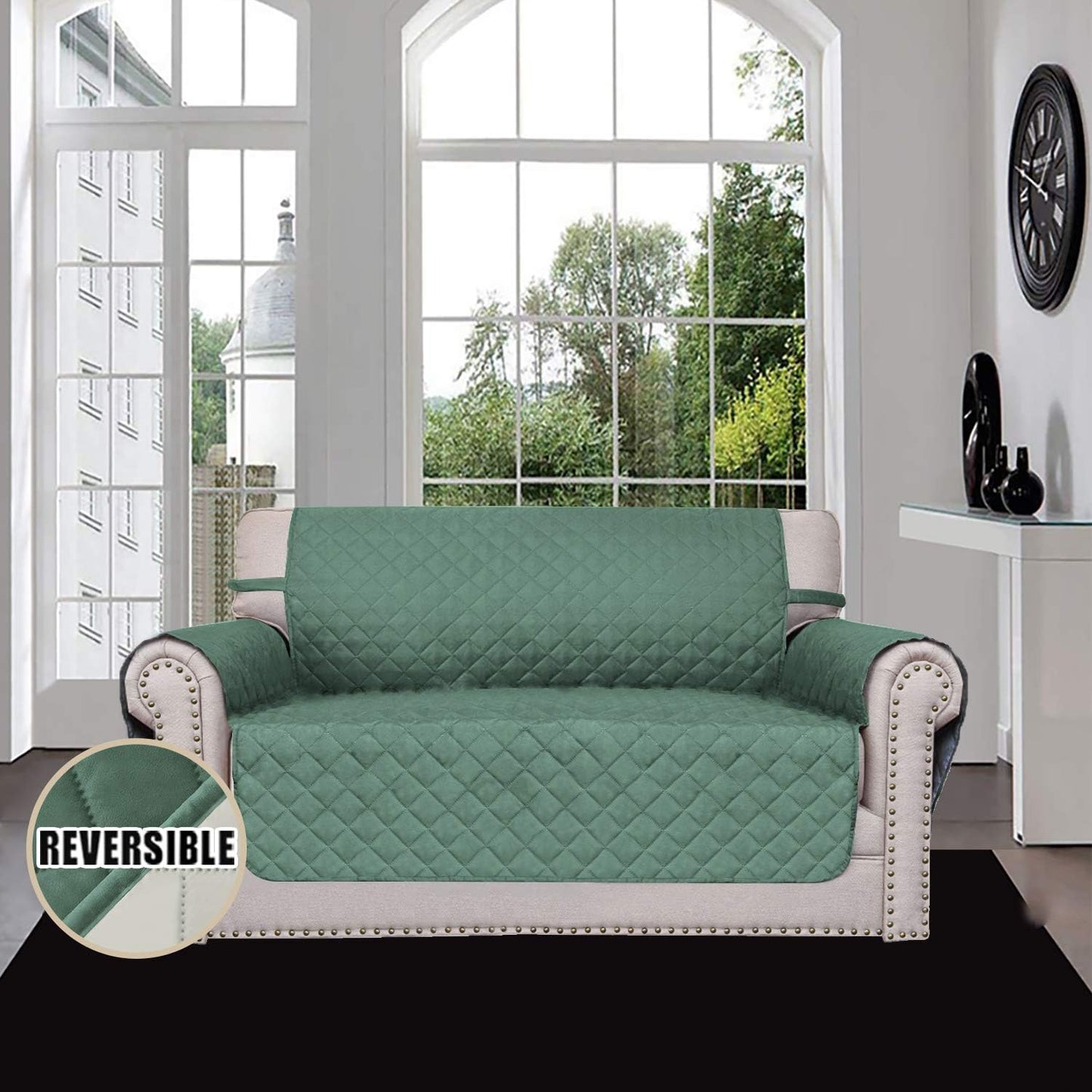 Easy-Going Reversible Loveseat Couch Cover for 2 Cushion Couch Sofa Cover for Dogs Water Resistant Furniture Protector with Foam Sticks Elastic Straps for Pet (Loveseat, Cyan/Ivory)