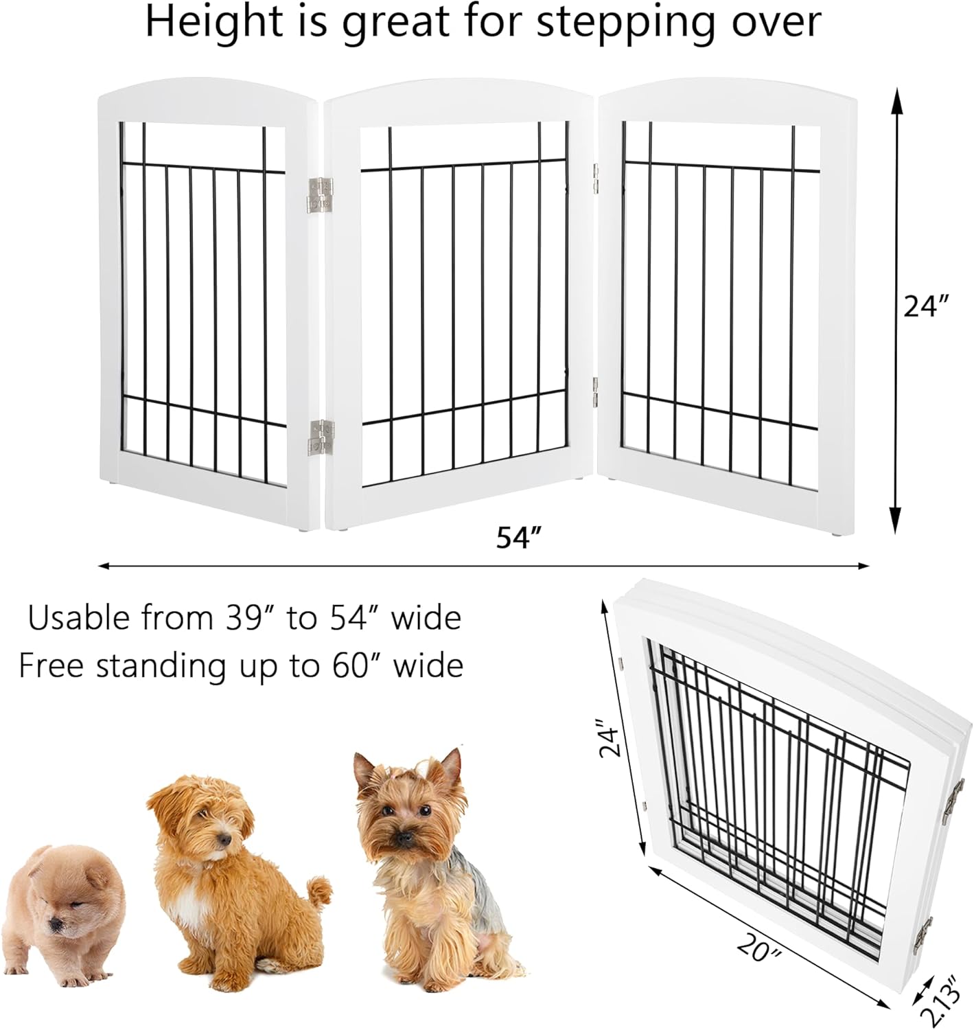 PAWLAND Free Standing Dog Gates for The House Stairs Doorways Indoor Foldable Wooden Small White Puppy Pet Gate Step Over Fence 60" W 24" H 3 Panels