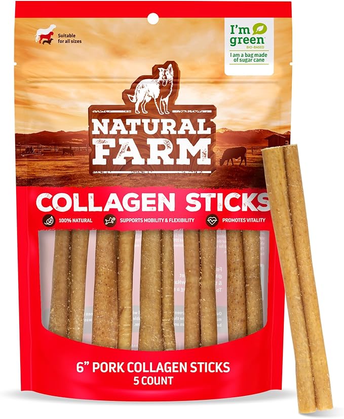 Natural Farm Pork Collagen Sticks Dog Chews, 6-Inch (5 Pack), Odor-Free Long-Lasting Chews, 100% Natural Pork Bacon Skin, Great Alternative for Bully Stick & Rawhide, Great for All Dogs
