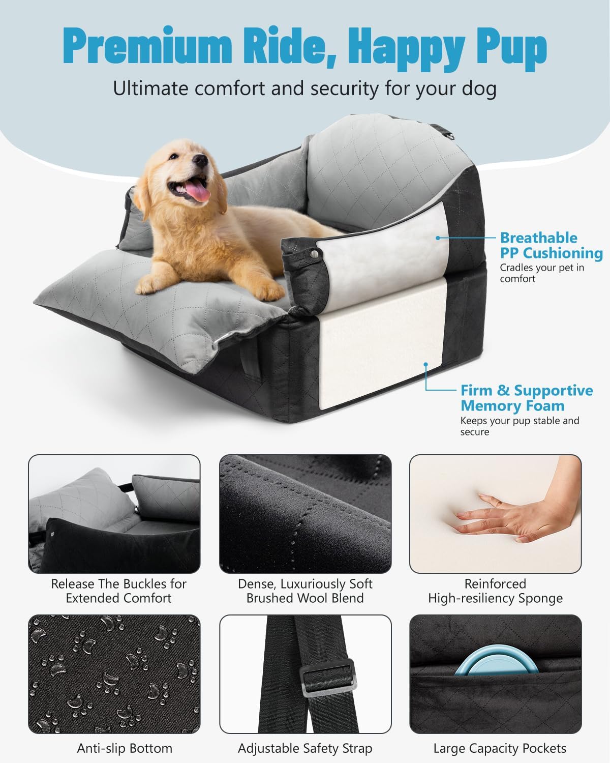 EASTBLUE Dog Car Seat for Small Medium Dogs Up to 35 lbs, Memory Foam Dog Booster Car Seat with Seatbelt, Detachable Washable Pet Carseat for Puppy & Cat, Dogs Travel Bed for Cars (Black/Grey)